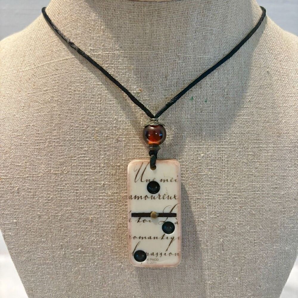 Vtg RK Productions Hand Cast Stone Carved Domino Pendant Necklace Black Cream OS